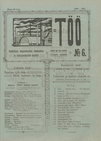 Töö : politikaline, majandusline, teadusline ja ilukirjandusline nädalaleht ; 6 1909-05-01