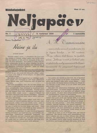 Neljapäev : nädalajakiri ; 1 1938-02-03