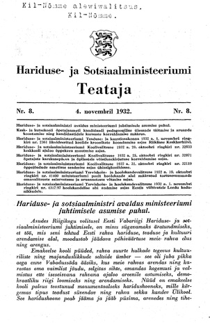 Hariduse- ja Sotsiaalministeeriumi Teataja ; 8 1932-11-04