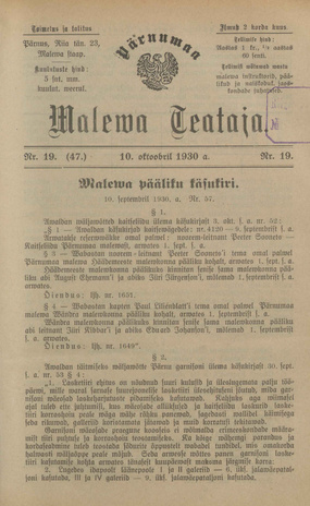 Pärnumaa Maleva Teataja ; 19 (47) 1930-10-10