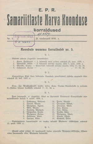 EPR Samariitlaste Narva Koonduse korraldused ; 5 1938-02-21