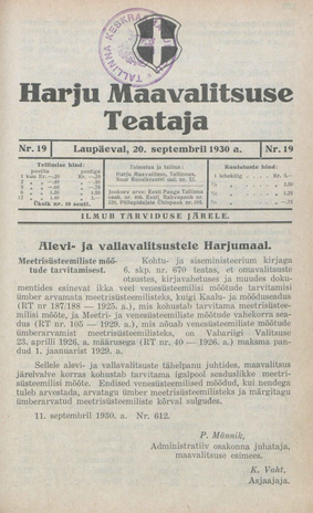 Harju Maavalitsuse Teataja ; 19 1930-09-20