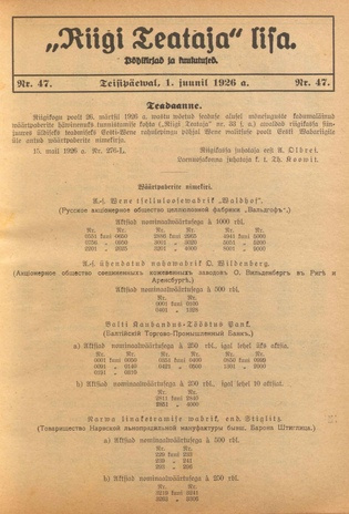 Riigi Teataja Lisa : seaduste alustel avaldatud teadaanded ; 47 1926-06-01