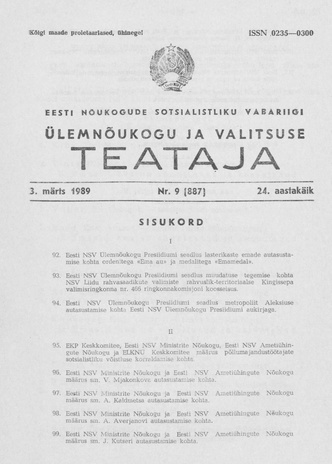 Eesti Nõukogude Sotsialistliku Vabariigi Ülemnõukogu ja Valitsuse Teataja ; 9 (887) 1989-03-03