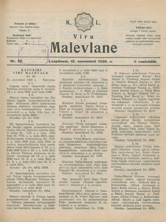 K. L. Viru Malevlane ; 25 1930-11-15