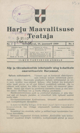 Harju Maavalitsuse Teataja ; 1 1939-01-26