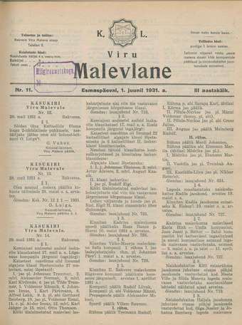 K. L. Viru Malevlane ; 11 1931-06-01