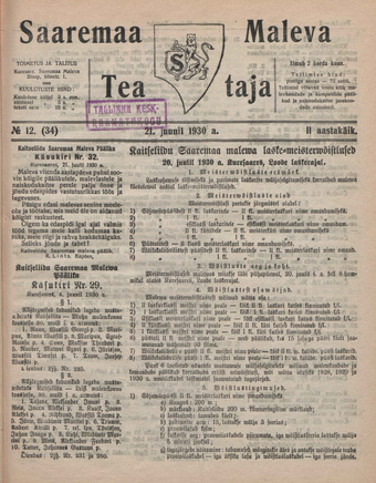 Saaremaa Maleva Teataja ; 12 (34) 1930-06-21