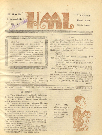 Hääl : kunsti, teaduse ja belletristika kuukiri ; 19-22 1934-12-08