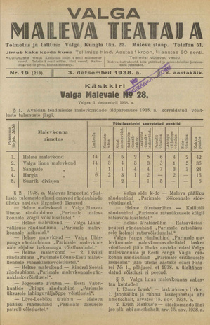 Valga Maleva Teataja ; 19 (213) 1938-12-03