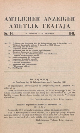 Ametlik Teataja. I/II osa = Amtlicher Anzeiger. I/II Teil ; 14 1941-12-19