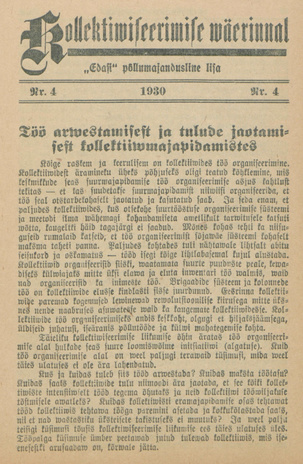 Kollektiviseerimise väerinnal : "Edasi" põllumajandusline lisa ; 4 1930