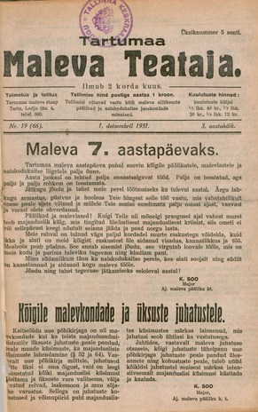 Tartumaa Maleva Teataja ; 19 (66) 1931-12-01