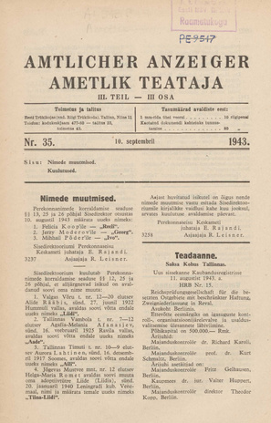 Ametlik Teataja. III osa = Amtlicher Anzeiger. III Teil ; 35 1943-09-10