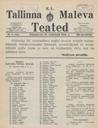 K. L. Tallinna Maleva Teated ; 6 (424) 1940-02-22