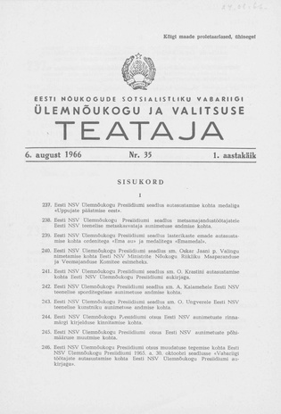 Eesti Nõukogude Sotsialistliku Vabariigi Ülemnõukogu ja Valitsuse Teataja ; 35 1966-08-06
