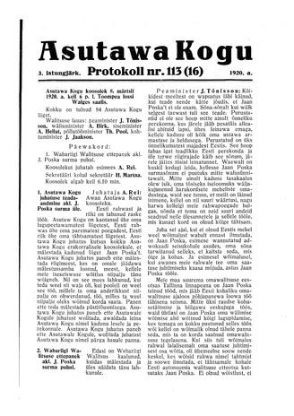 Asutawa Kogu protokoll nr.113 (16) (8. märts 1920)