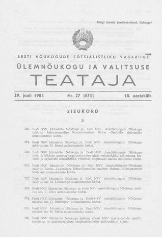 Eesti Nõukogude Sotsialistliku Vabariigi Ülemnõukogu ja Valitsuse Teataja ; 27 (675) 1983-07-29