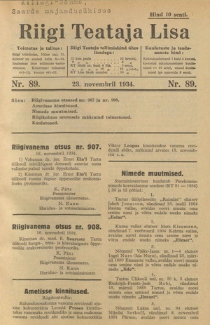 Riigi Teataja Lisa : seaduste alustel avaldatud teadaanded ; 89 1934-11-23