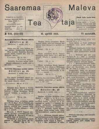 Saaremaa Maleva Teataja ; 9/10 (122/123) 1934-04-16