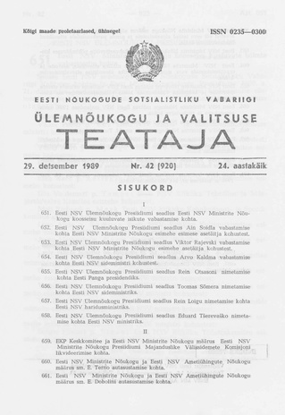 Eesti Nõukogude Sotsialistliku Vabariigi Ülemnõukogu ja Valitsuse Teataja ; 42 (920) 1989-12-29