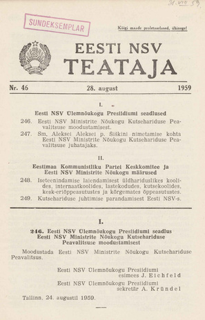 Eesti NSV Teataja = Ведомости Эстонской ССР ; 46 1959-08-28