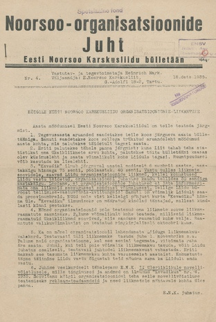 Noorsoo-organisatsioonide Juht : Eesti Noorsoo Karskusliidu bülletään ; 4 1935-12-18