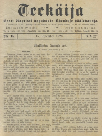 Teekäija : Eesti Baptisti Koguduse Ühenduse häälekandja ; 18 1923-09-15