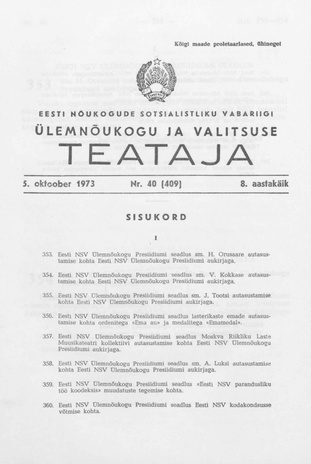 Eesti Nõukogude Sotsialistliku Vabariigi Ülemnõukogu ja Valitsuse Teataja ; 40 (409) 1973-10-05