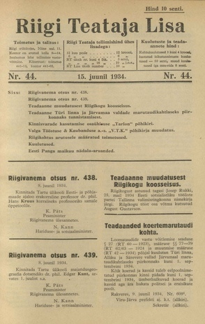 Riigi Teataja Lisa : seaduste alustel avaldatud teadaanded ; 44 1934-06-15