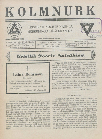Kolmnurk : Kristlikute Noorte Nais- ja Meesühingute häälekandja ; 5 1929-11