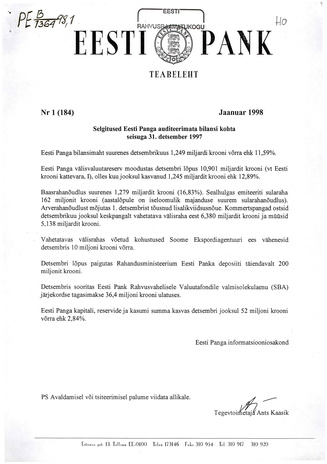 Eesti Pank : teabeleht ; 1 (184) 1998-01