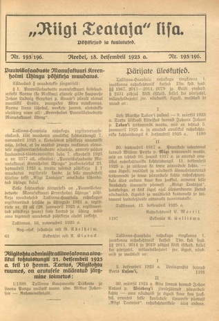 Riigi Teataja Lisa : seaduste alustel avaldatud teadaanded ; 195/196 1925-12-18