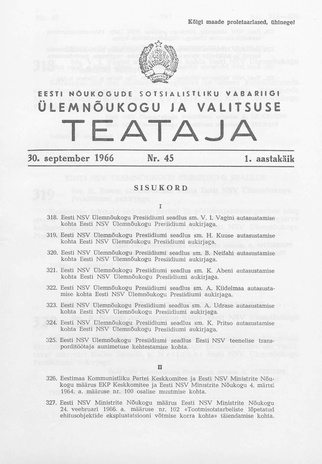 Eesti Nõukogude Sotsialistliku Vabariigi Ülemnõukogu ja Valitsuse Teataja ; 45 1966-09-30