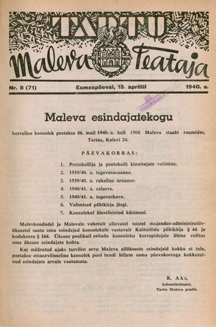 Tartu Maleva Teataja ; 8 (71) 1940-04-15