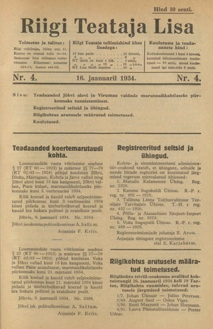Riigi Teataja Lisa : seaduste alustel avaldatud teadaanded ; 4 1934-01-16