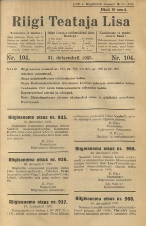 Riigi Teataja Lisa : seaduste alustel avaldatud teadaanded ; 104 1935-12-31