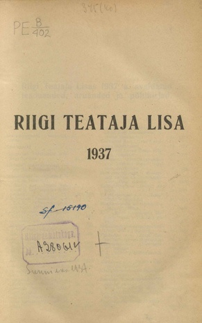 Riigi Teataja Lisa : seaduste alustel avaldatud teadaanded ; sisukord 1937