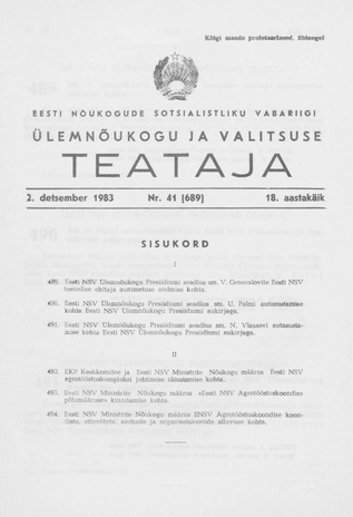 Eesti Nõukogude Sotsialistliku Vabariigi Ülemnõukogu ja Valitsuse Teataja ; 41 (689) 1983-12-02