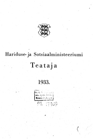 Hariduse- ja Sotsiaalministeeriumi Teataja ; sisukord 1933
