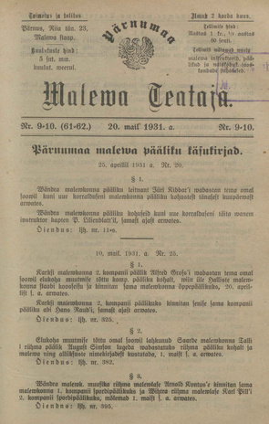 Pärnumaa Maleva Teataja ; 9-10 (61-62) 1931-05-20