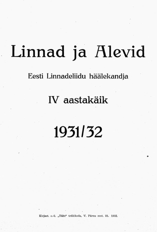 Linnad ja Alevid ; sisukord 1931/32
