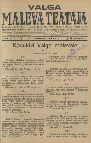 Valga Maleva Teataja ; 3 (70) 1932-02-15