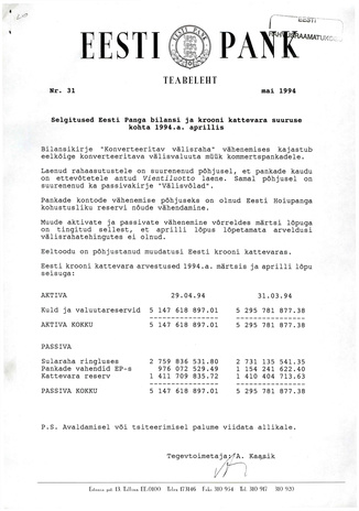 Eesti Pank : teabeleht ; 31 1994-05