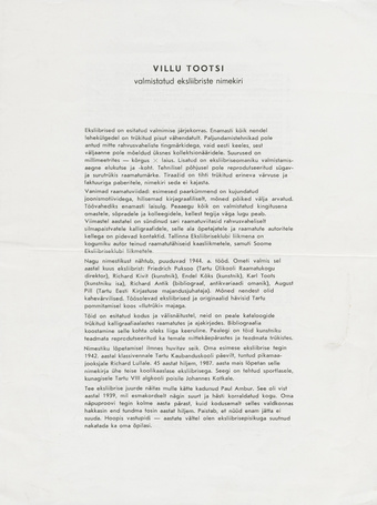 Villu Tootsi valmistatud eksliibriste nimekiri : 1942-1987 