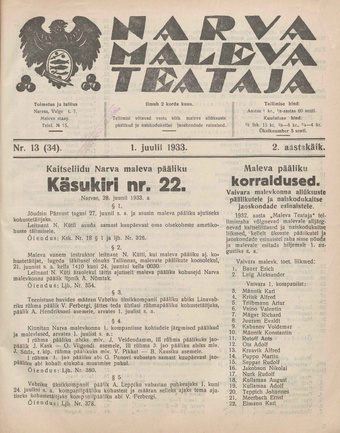Narva Maleva Teataja ; 13 (34) 1933-07-01