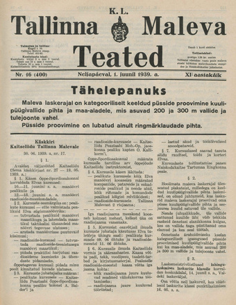 K. L. Tallinna Maleva Teated ; 16 (400) 1939-06-01