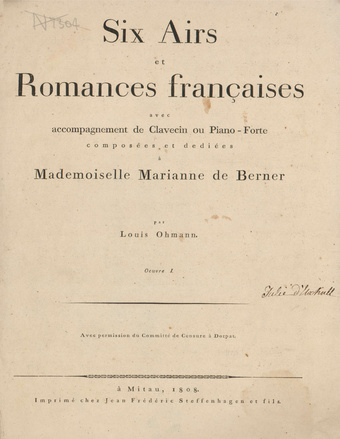 Six airs et romances françaises : avec accompagnement de clavecin ou piano-forte : Oeuvre I