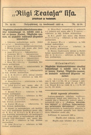 Riigi Teataja Lisa : seaduste alustel avaldatud teadaanded ; 29/30 1925-02-19