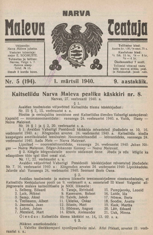 Narva Maleva Teataja ; 5 (194) 1940-03-01